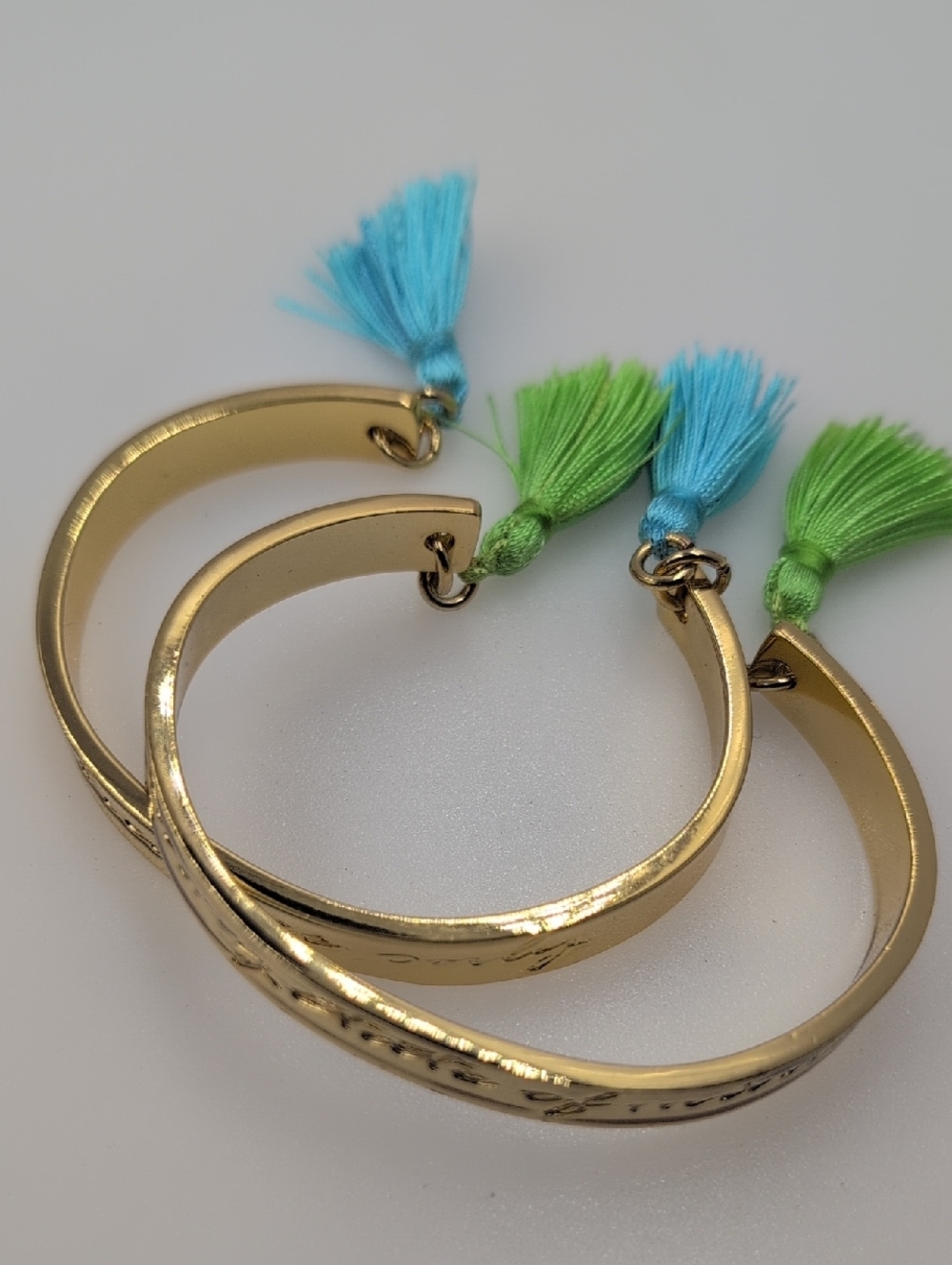 Lilly Pulitzer Gold Script Cuff Bracelet set with Turquoise & Green Tassels 0315